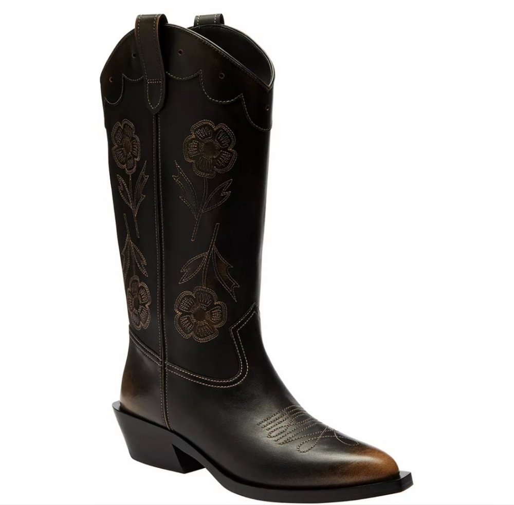 COACH Aria Black and Brown Embroidered Cowboy Boots
